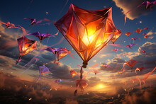 A Flock Of Colorful Kites Flying High In The Sky, Creating A Vibrant And Playful Scene In The Air. Generative AI Technology.