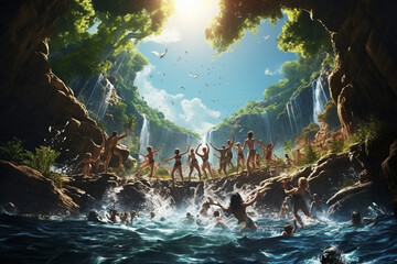 Poster - A group of teenagers jumping off a cliff into a natural swimming hole, experiencing the thrill of cliff diving.  Generative AI technology.