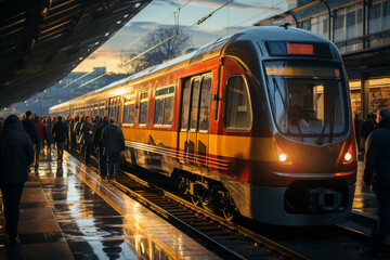 Aufkleber - A commuter train arriving at a bustling station during the morning rush hour, with people waiting on the platform.  Generative AI technology.