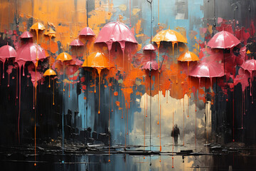 Leinwandbilder - A mixed-media artwork combining collage and paint, depicting rain as a collage of torn paper in different textures and shades,  Generative AI technology.
