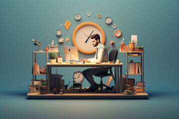 Leinwandbilder - A minimalistic illustration of a businessman sitting at a desk, with a clean and organized workspace, emphasizing efficiency, organization. Generative AI technology.
