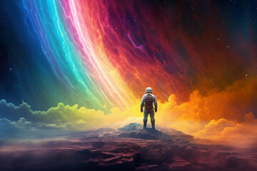 Wall Mural - An artistic representation of a cosmonaut standing on a distant planet, with a vivid rainbow-colored nebula in the background. Generative AI technology.