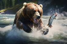 Brown Grizzly Bear Catching A Salmon In The River. AI Generative.