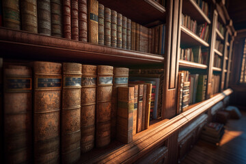 Poster - An image of an open ancient book positioned among rows of other books on a wooden library shelf. Generative AI technology.