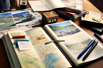 Poster - An image of an open travelogue, showcasing handwritten accounts and sketches of distant lands. Generative AI technology.