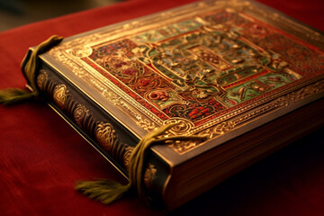 Poster - A close-up photograph of an open ancient book, revealing beautifully intricate illustrations and handwritten text in exquisite detail. Generative AI technology.