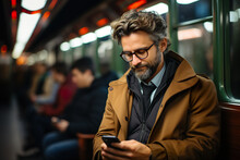Handsome Middle-aged Man In A Brown Coat And Eyeglasses Using A Smartphone While Waiting For A Train.