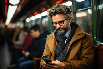 Handsome middle-aged man in a brown coat and eyeglasses using a smartphone while waiting for a train.
