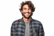 Handsome Young Man With Long Curly Hair Laughing On White Background