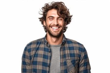 Wall Mural - Handsome young man with long curly hair laughing on white background