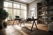 © Create image - a sleek and minimalist home office with a sleek leather chair, a glass desk and modern decor. generative ai
