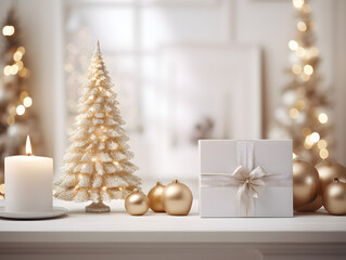 white and gold christams decorations with blurred christmas tree in the background