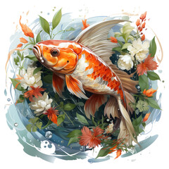 Wall Mural - A vibrant Watercolor Koi Clipart depicting a Japanese floral koi fish swimming gracefully in a pond surrounded by a lush bamboo forest, Generative Ai