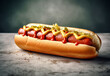 Hot dog with pickles, fried onions, sauce and mustard closeup on rustic background. Generative AI 