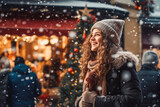 Young woman enjoying Christmas market with holiday spirit, snowy weather, winter wonderland. Generative AI
