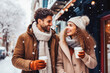 © VisualProduction - Attractive young couple having a cheerful time with hot chocolate, winter wonderland. Generative AI