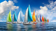 Leinwandbild Motiv An image of a sailboat regatta with colorful sails set against the bright blue ocean.