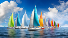 An Image Of A Sailboat Regatta With Colorful Sails Set Against The Bright Blue Ocean.