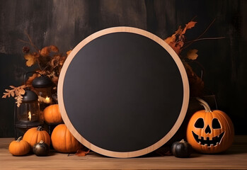 Wall Mural - halloween round sign mockup with pumpkins and fallen leaves on dark background. wooden board with au