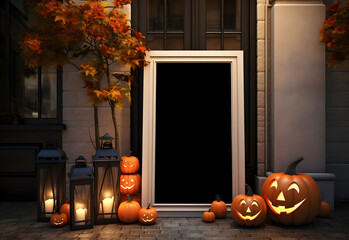 Wall Mural - halloween welcome signboard mockup with pumpkins, lantern and fallen leaves. black board with autumn