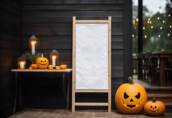 Wall Mural - halloween welcome signboard mockup with pumpkins and lanterns in the garden. blank board with autumn