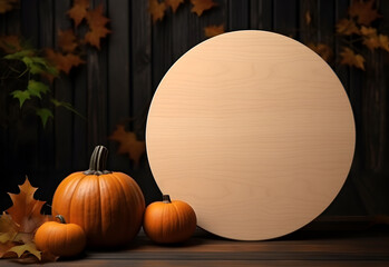 Wall Mural - halloween round sign mockup with pumpkins and fallen leaves on dark background. wooden board with au