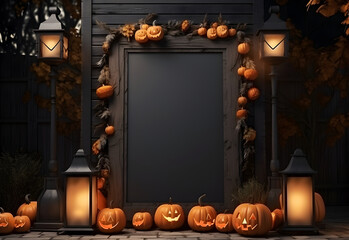 Wall Mural - halloween welcome signboard mockup with pumpkins, lantern and fallen leaves. black board with autumn