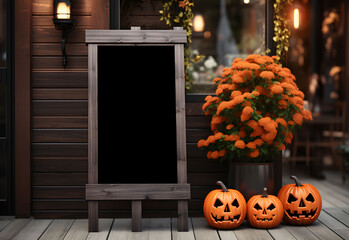 Wall Mural - halloween welcome signboard mockup with pumpkins and flowers. black board with autumn holiday decora