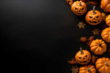 Happy halloween flat lay mockup with pumpkins and leaves on black background. Autumn holiday concept composition. Top view with copy space. Generated ai.