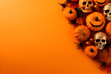 Wall Mural - happy halloween flat lay mockup with pumpkins, spiders and skulls on orange background. autumn holid