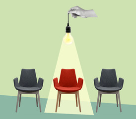 A hand holds a light bulb on an office chair. Contemporary art collage. Hiring and recruitment concept. Modern design.