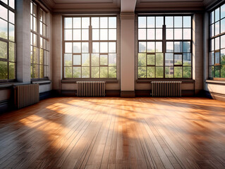 Front view of sunny empty loft interior room with wooden floor. Generative AI