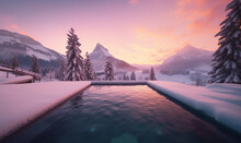 Romantischer Sonnenuntergang Am Pool Im Winter, Generative AI