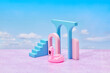 © Yaroslav Danylchenko/Stocksy - Composition with pink flamingo float and geometric figures.