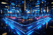 © Sebastian - Background illustrating a data server center with blue neon lights, representing digital hosting and technological infrastructure. Generative Ai.