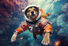 A Dog Wearing An Astronaut Suit And Helm Floating In The Colorful Universe, Nebula Behind. Generative AI Technology