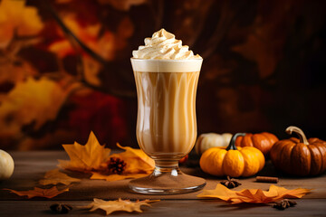 Wall Mural - A tall glass with an orange pumpkin spice latte or cappuccino coffee drink with whipped cream topping or milk and cinnamon sprinkles, autumnal decoration. Generative AI technology