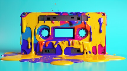 Creative colorful retro concept of melting cassette tape on bright background. Symbols of celebration and music party. Contemporary art and old fashioned style. Generative AI