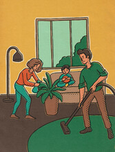 Woman And Man Cleaning Together 