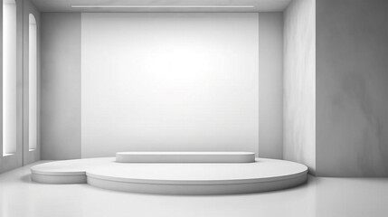 Wall Mural - Abstract white studio with podium background for product presentation. Empty gray room with shadows of window. Display product with blurred backdrop. Generative Ai.