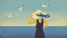Successful Woman Looking At The Sea Illustration