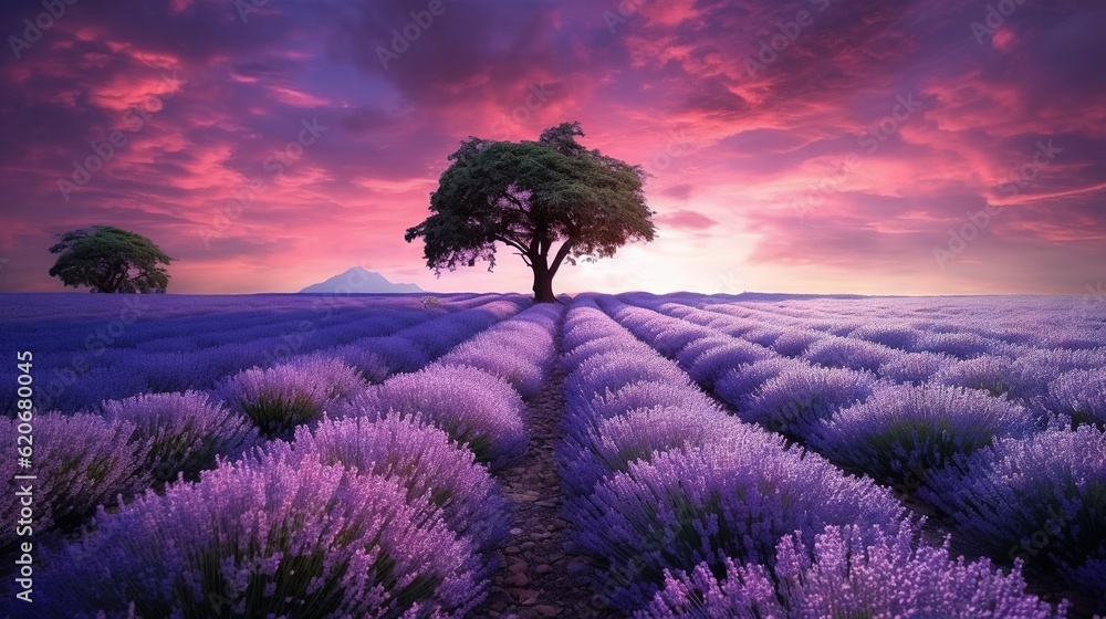 a lone tree in a field of lavenders under a purple sky with a mountain ...