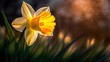  a yellow flower with a blurry background of grass and a sky with stars in the sky behind it, with a blurry background of grass and a yellow flower.  generative ai