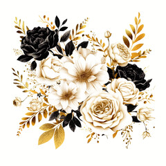 Watercolor set of flower arrangement with black gold flowers