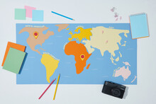 Travel Preparation With Passport Road Map Camera Pin