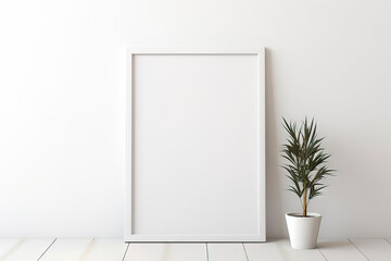 Blank wooden picture frame mockup in modern interior. Vertical template mock up for artwork, painting, photo or poster in interior design, generative AI