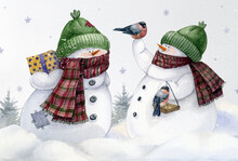 Watercolor Hand-drawn Funny Snowmen Friends Hold Bird Feeder With Birds.Winter Christmas Holidays Card. Cute Snowmen On A Snowy Winter Field Landscape.Merry Christmas Friendship Family Postcard