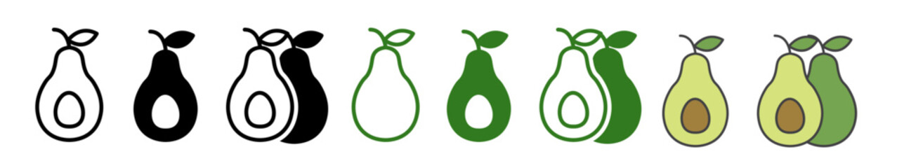 Sticker - Avocado icon set in fill and outline style in black and green color.