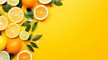 Abstract Composition Of Orange Lemon Slices And Green Leaves On A Yellow Background. Generative Ai. 