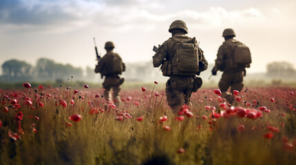 a group of soldiers moving across a field with red flowers. Generative Ai. 